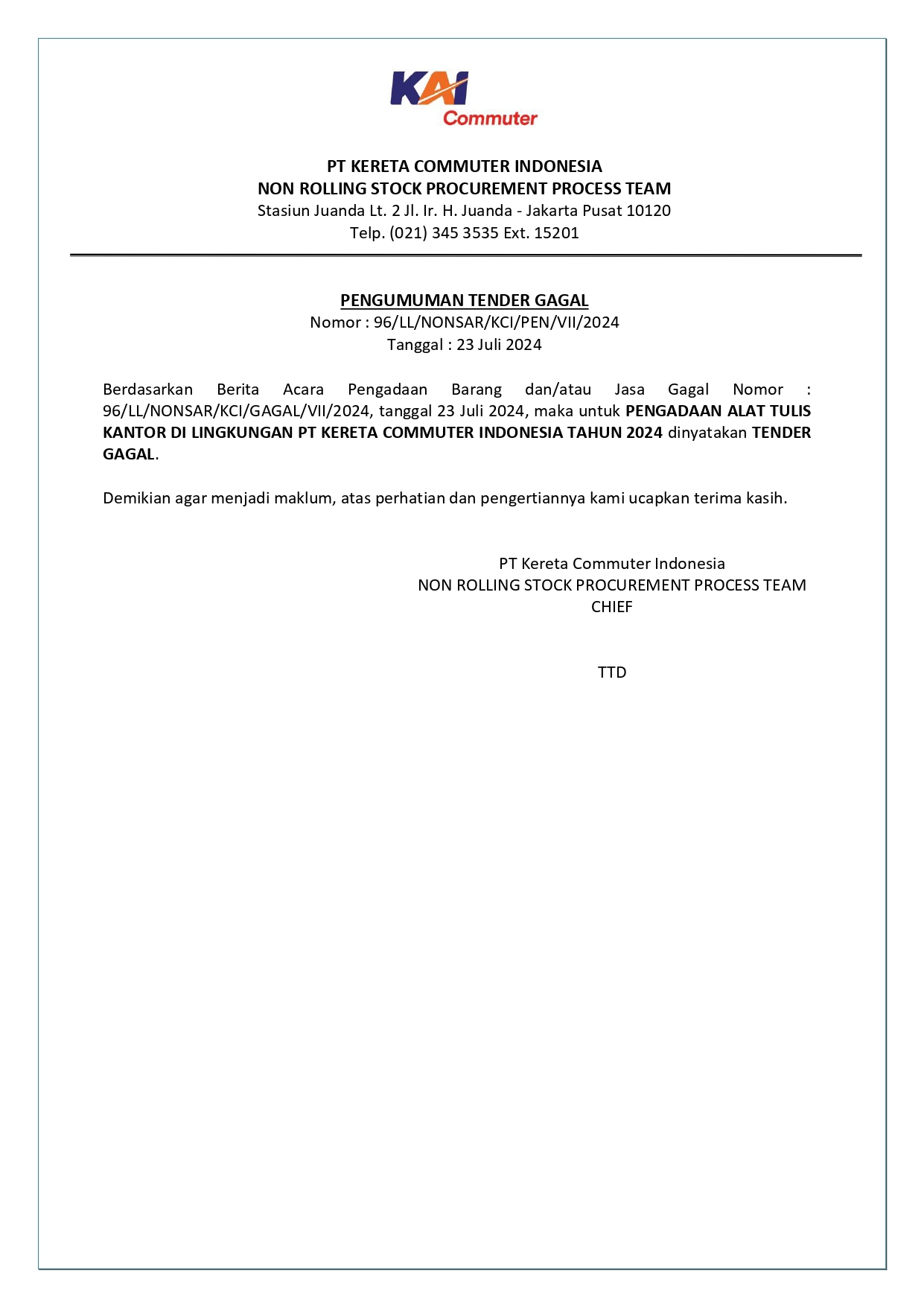 8 pengumuman tender gagal 96 pengadaan alat tulis kantor di lingkungan pt kereta commuter indonesia tahun 2024 page 0001